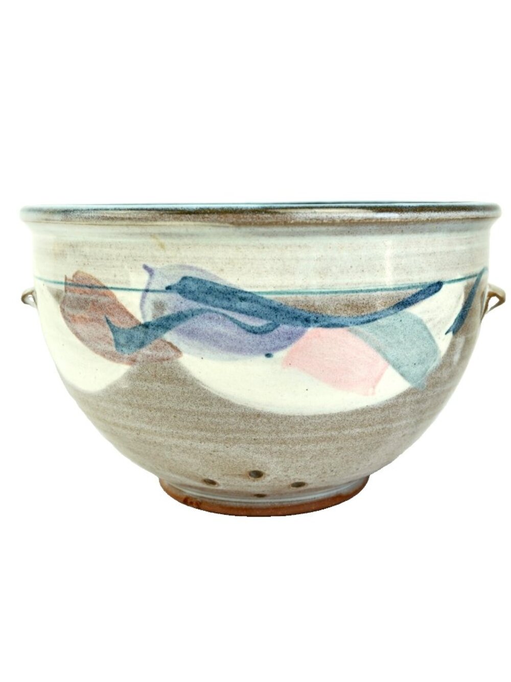 Pottery Colander Berry Bowl 8" Signed Hand Crafted Speckled Glaze VTG Studio Art